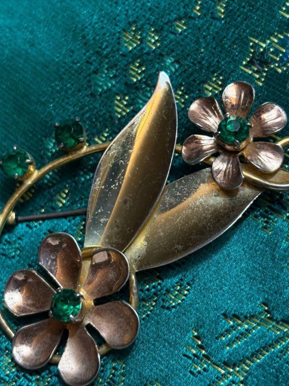 Retro Two-Tone Gold over Sterling Floral Spray Pin - Green Accents
